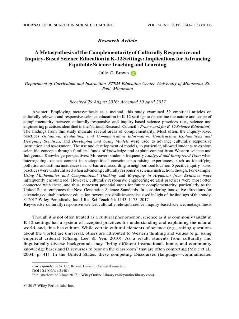 Brown a metasynthesis of the complementarity of culturally responsive