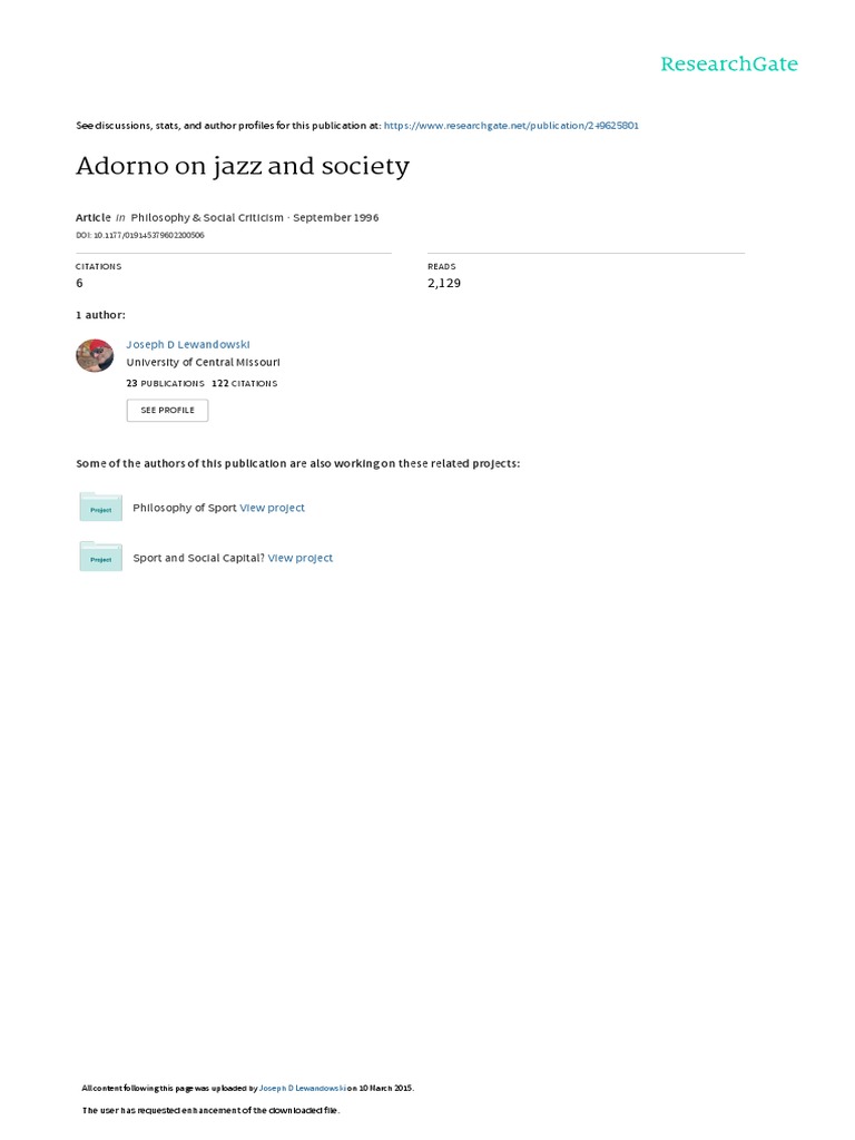 Adorno On Jazz and Society PDF Theodor W. Adorno Jazz