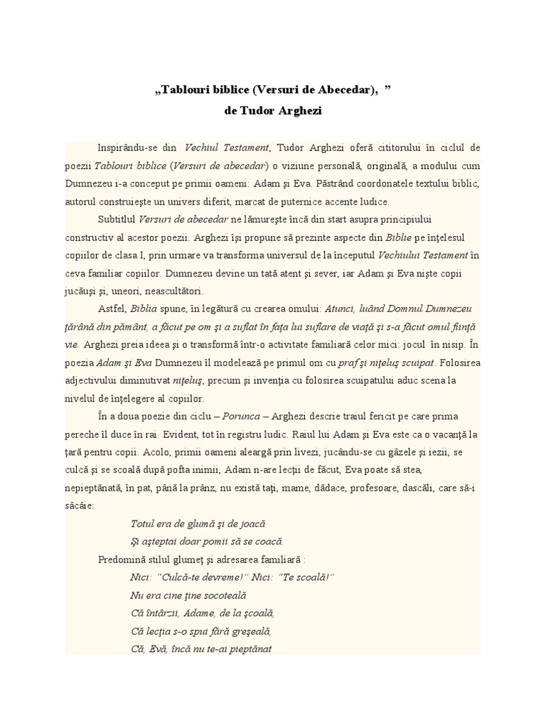 Tablouri Biblice Versuri de Abecedar de Tudor Arghezi | PDF