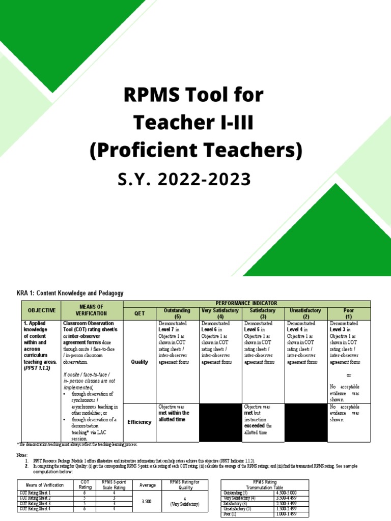 RPMS Tool for Teachers | PDF