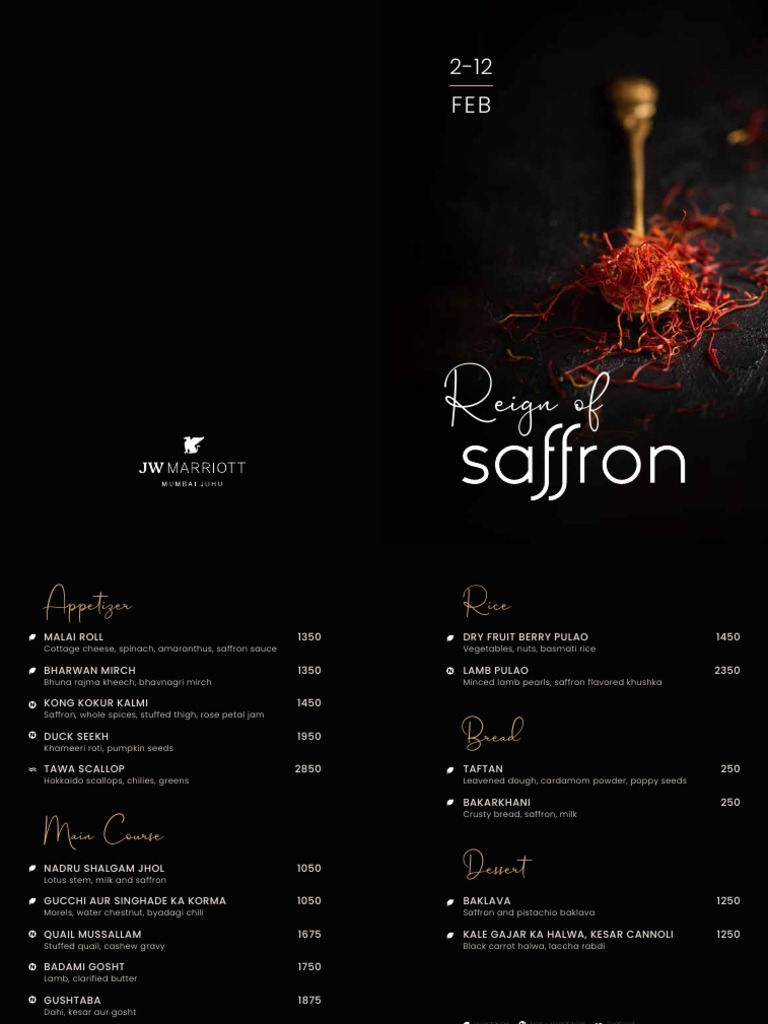Menu A5 Reign of Saffron Promotion JW Marriott Juhu Saffron