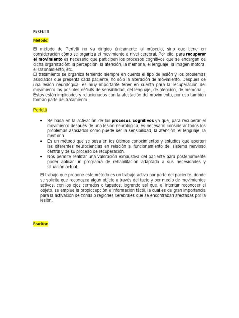 Método Perfetti en Rehabilitación Neurológica | PDF