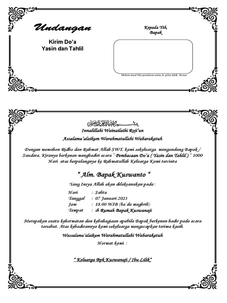 Contoh Undangan Tahlilan 40 Hari Meningg | PDF