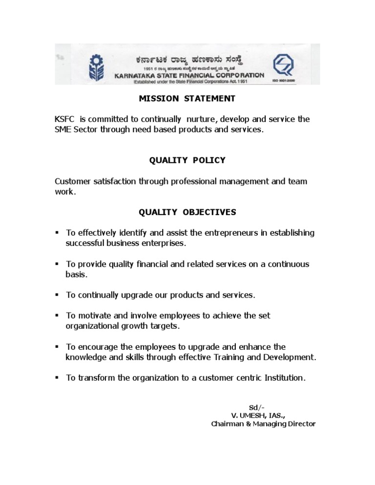 KSFC Mission and Quality Objectives | PDF