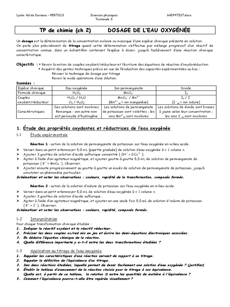 Dosage de l'eau oxygénée par titrage | PDF | Titrage | Chimie