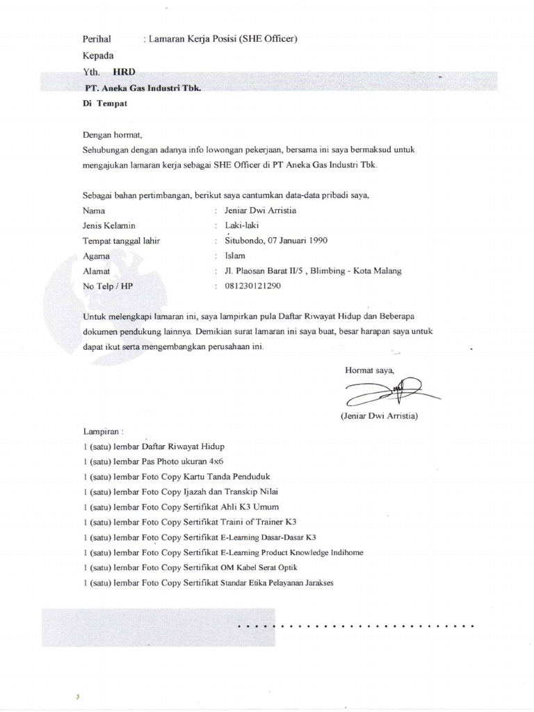 Surat Lamaran Kerja (PT Aneka Gas Industri) | PDF