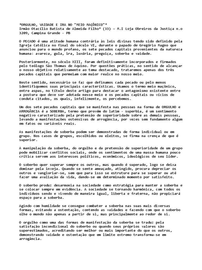 Orgulho vaidade e ira no meio ma nico otac lio de almeida filho