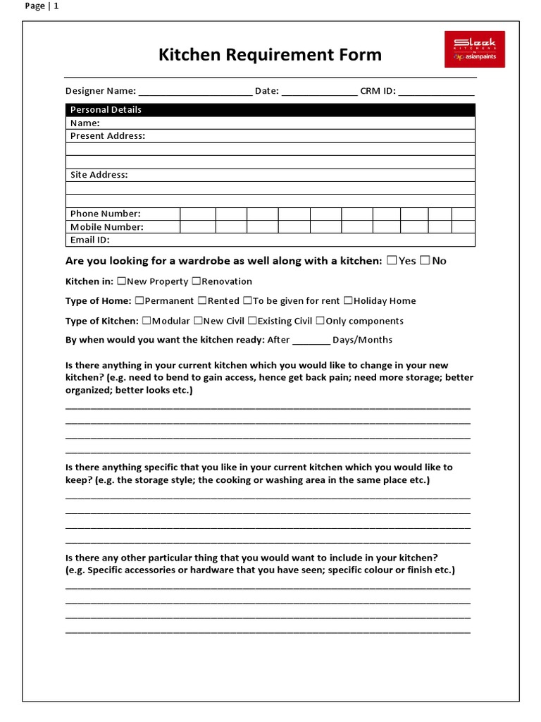 Kitchen Requirement Form for Home Design | PDF | Kitchen | Home Economics