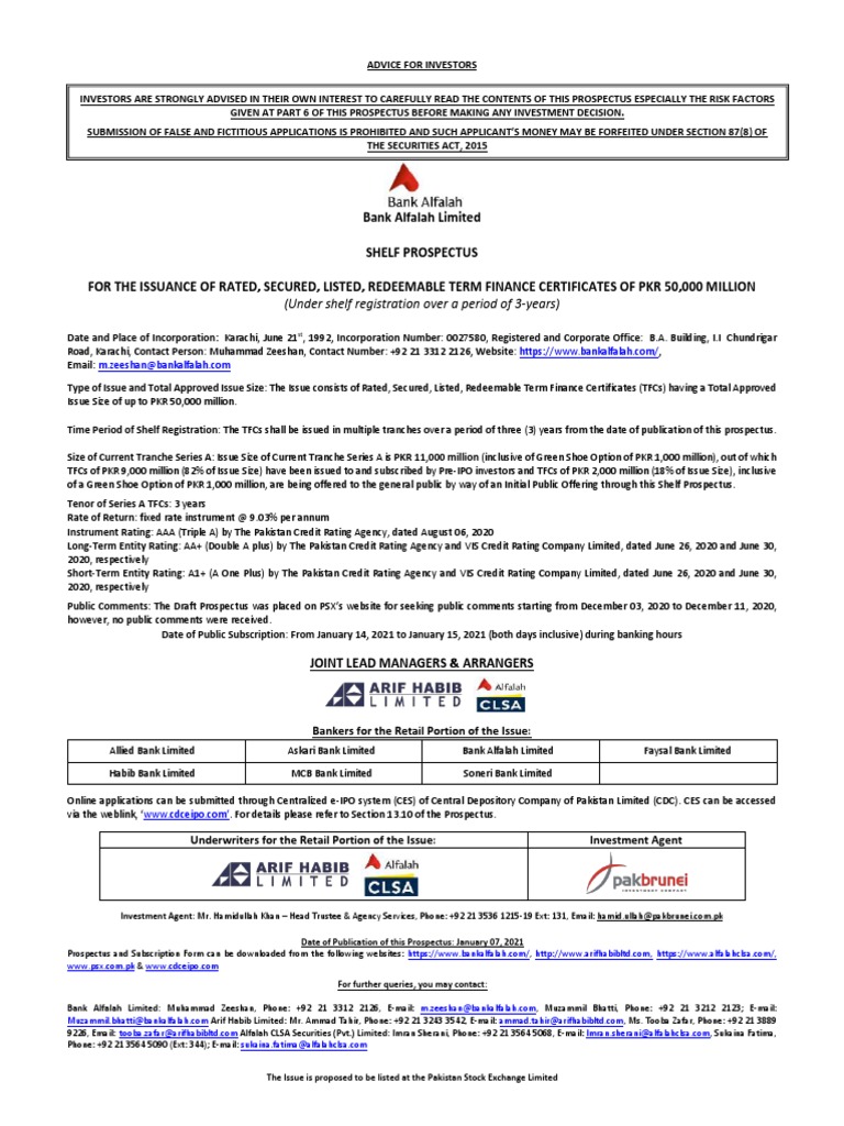 Series A TFCs of Bank Alfalah Limited Shelf Prospectus PDF