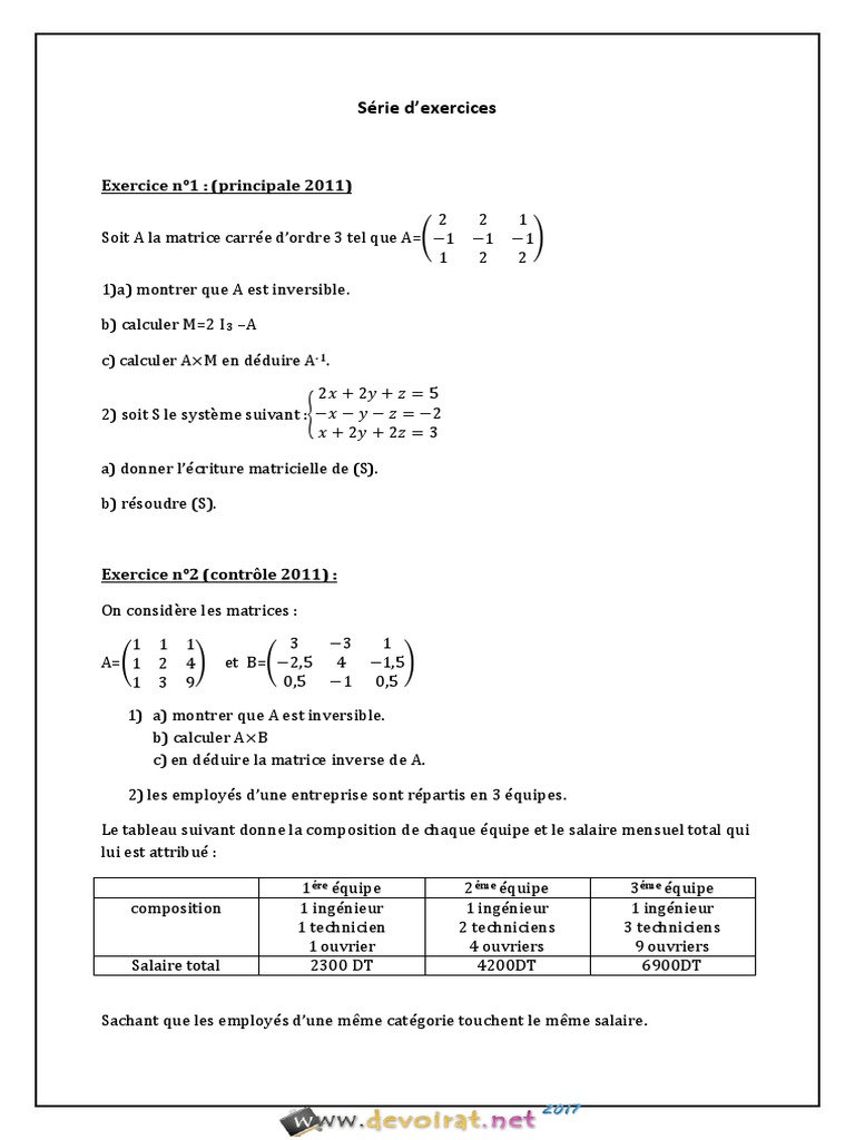 Exercices de Matrices pour Bac Économie | PDF | Matrice (Mathématiques ...