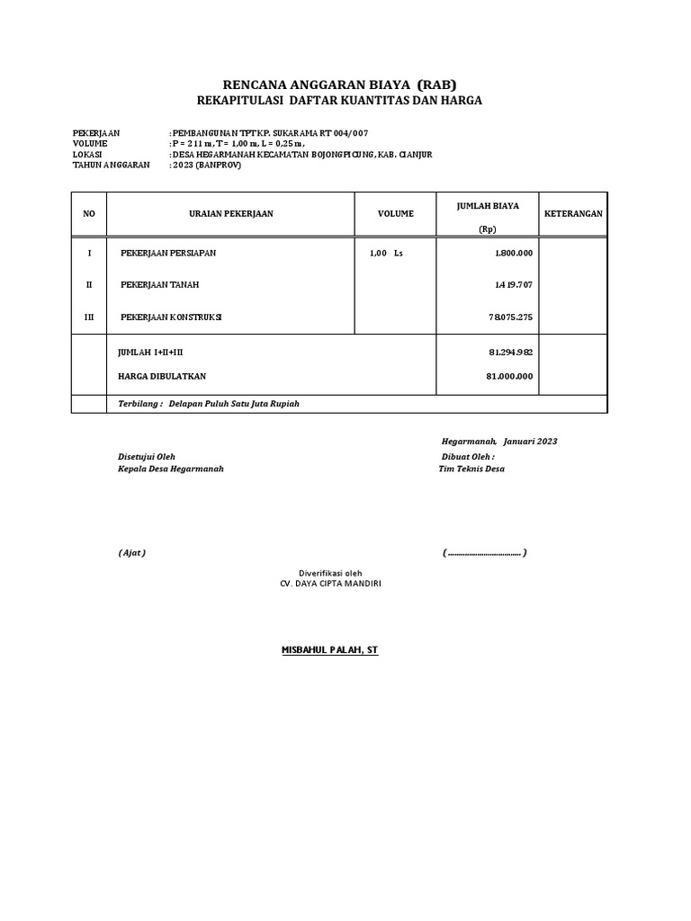 RAB Pembangunan TPT KP. Sukarama | PDF | Teknologi & Rekayasa