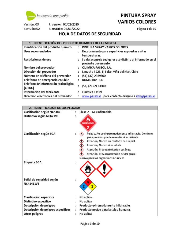 Hoja de Seguridad de Pintura Spray | PDF | Agua | Carbón