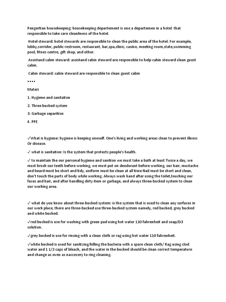 Housekeeping 1 | PDF | Hygiene | Housekeeping
