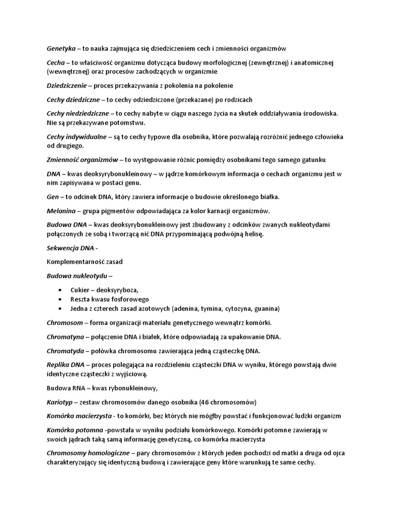 Biologia Genetyka Klasa 8 Powtórzenie Biologia Genetyka kl8 | PDF