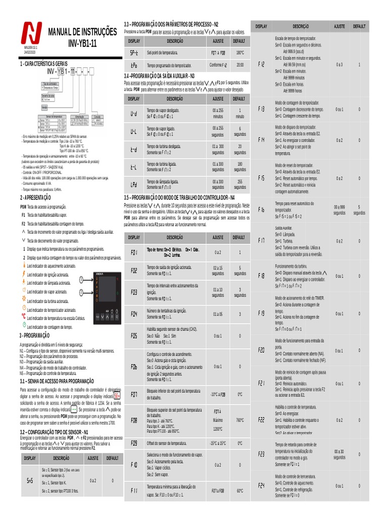 Manual do Controlador Inova INV-YB1-11 | PDF