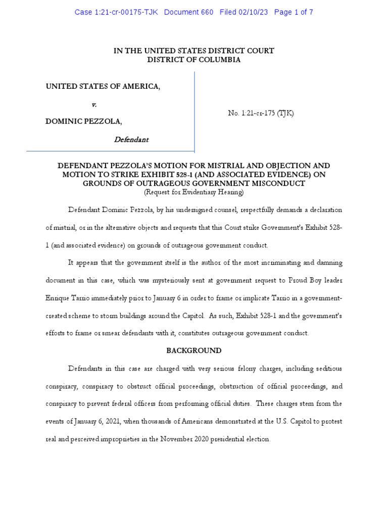 Pezzola Motion For Mistrial, Objection To Govt Evidence | PDF | Justice |  Crime & Violence