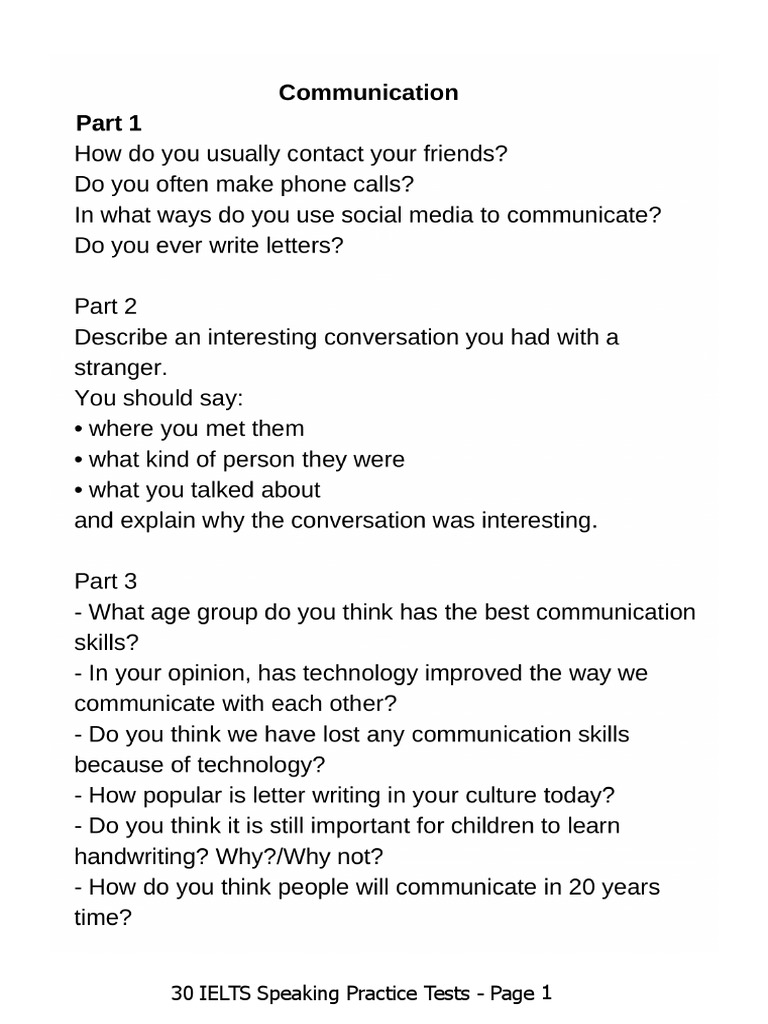 30 IELTS Speaking Practice Tests | PDF