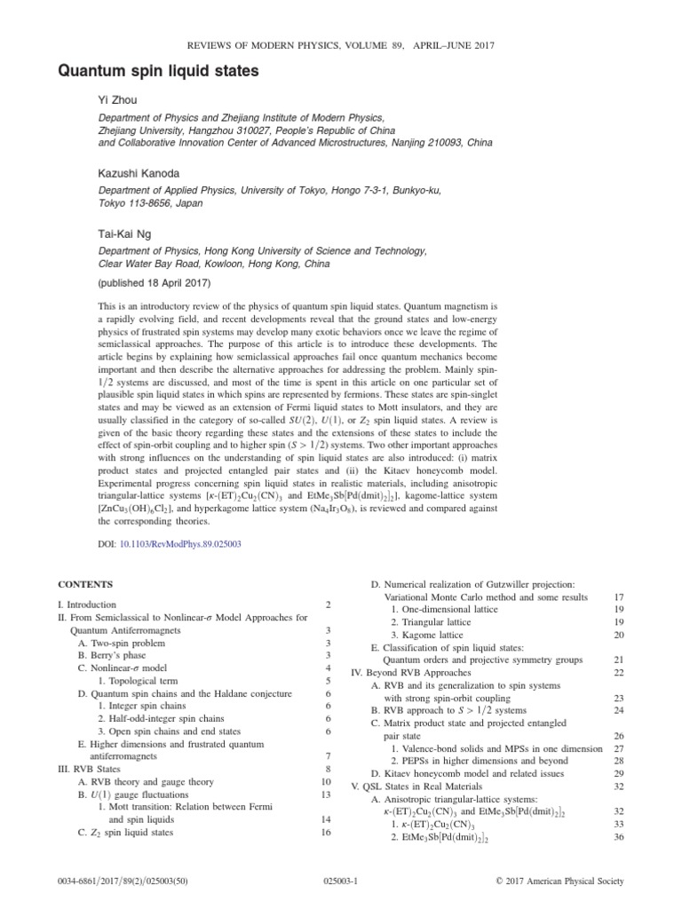 Quantum Spin Liquids - Review - RMP2017 | PDF | Spin (Physics ...