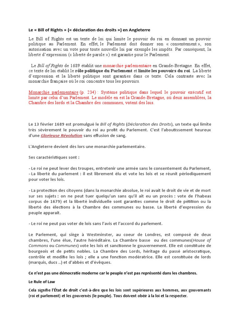 Le Bill of Rights de 1689 en Angleterre | PDF | Monarchie | Loi