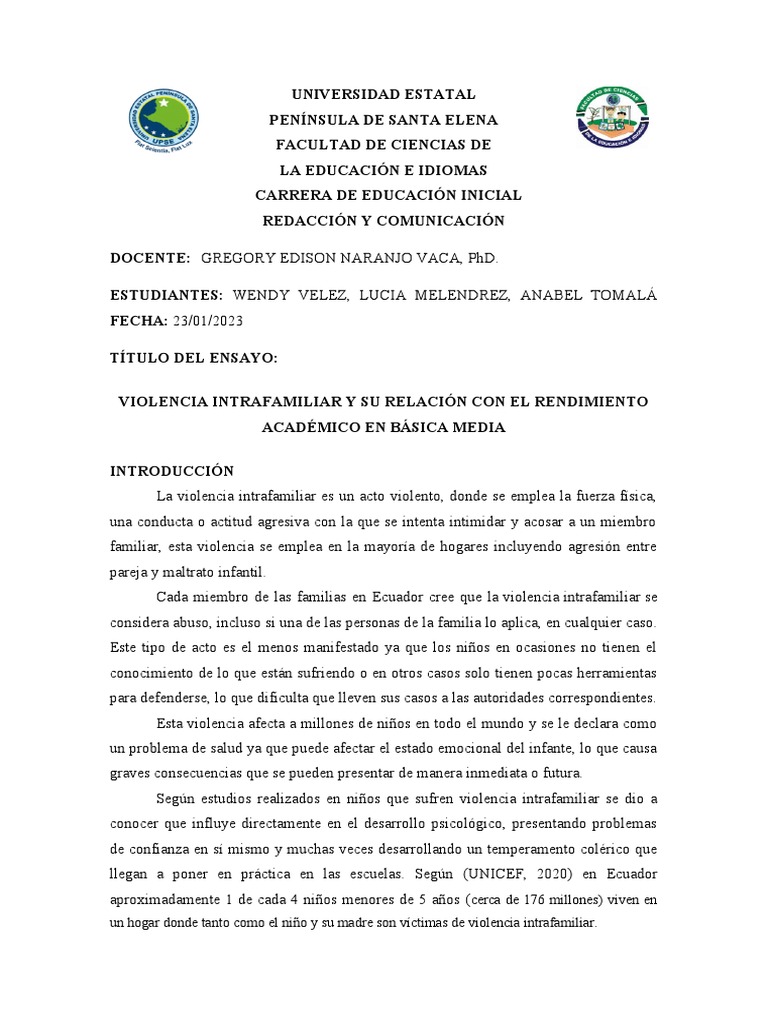 Ensayo Sobre La Violencia Intrafamiliar y Su Relación en El Rendimiento ...