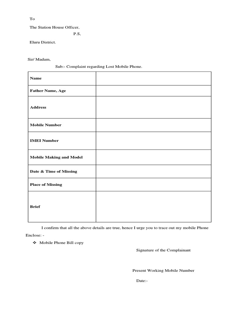 Lost Mobile Phone Proforma of Eluru District PDF