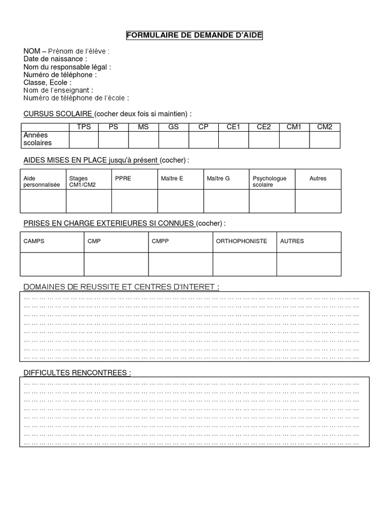 Formulaire De Demande D Aide PDF