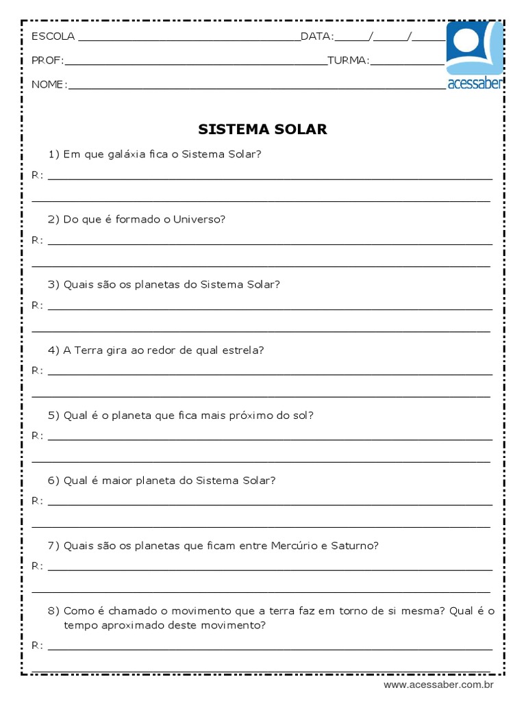 Atividade de Ciencias Sistema Solar 3 Ano e 4 Ano | PDF | Sistema Solar ...