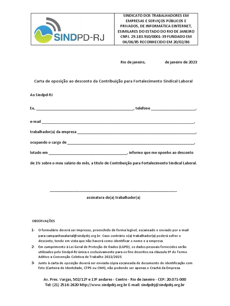 Carta de oposição ao desconto sindical PDF