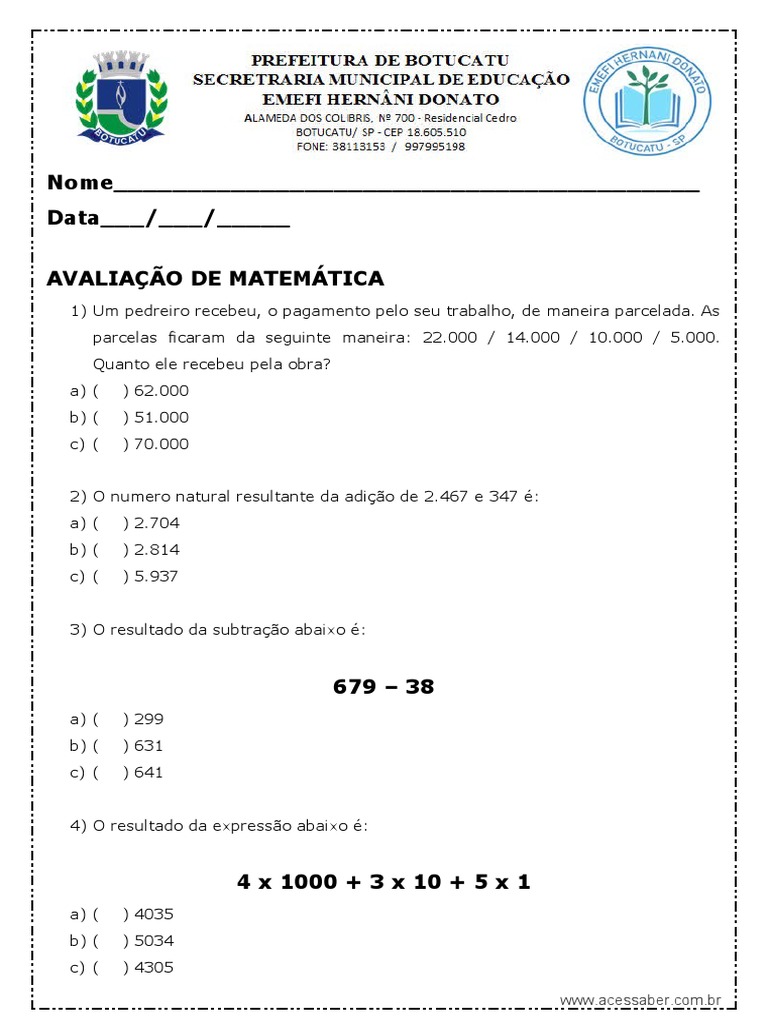 Avaliacao de Matematica 5 Ano | PDF