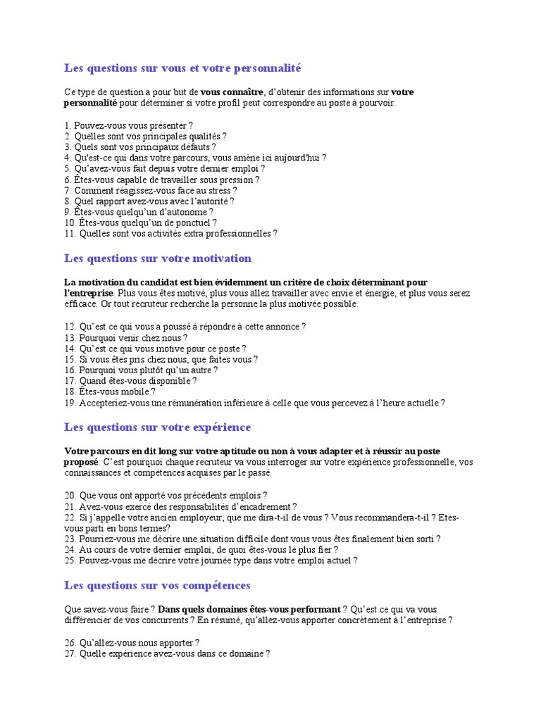 Questions clés pour entretien barman | PDF | Motivation | Motivant