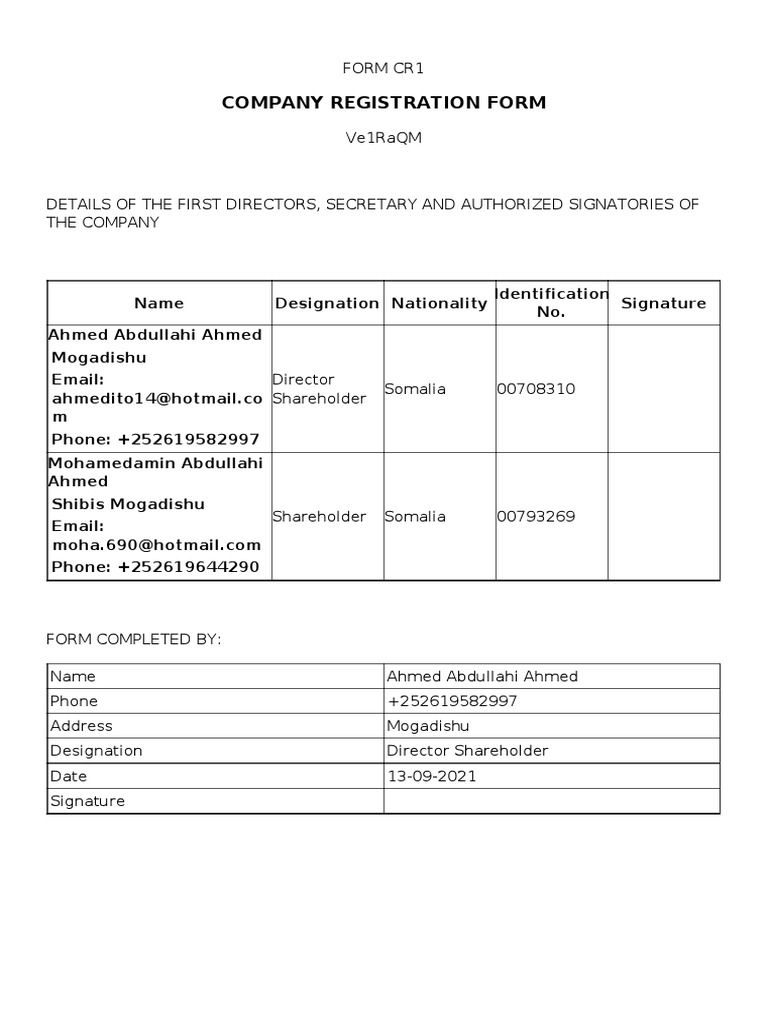 Somalia Company Registration Form CR1 | PDF