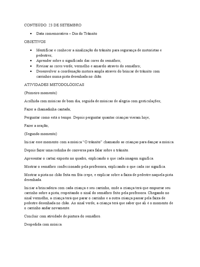 Trânsito para Maternal e Pré-escola - Planos de Aula e Projetos