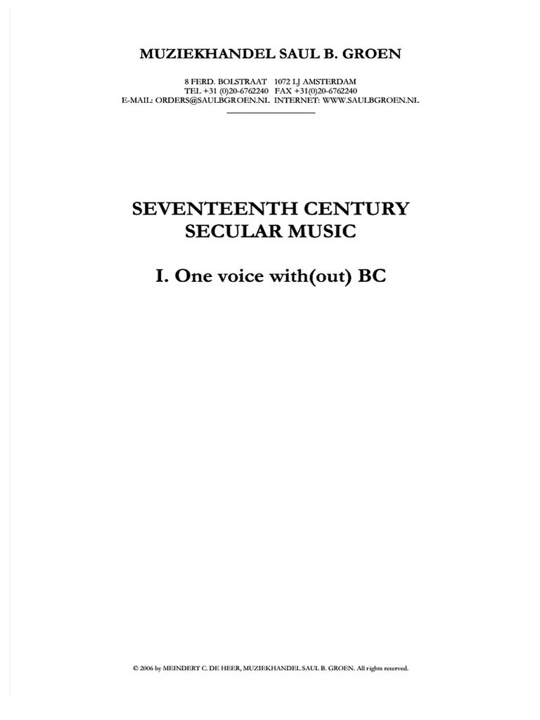 17th Century Secular Music - One Voice With Continuo | PDF | Manuscript
