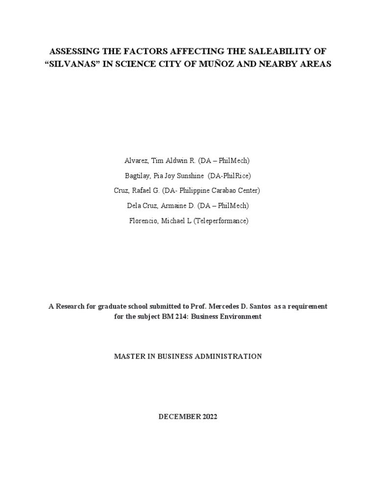 Factors Influencing Silvanas Saleability | PDF | Pricing | Survey ...