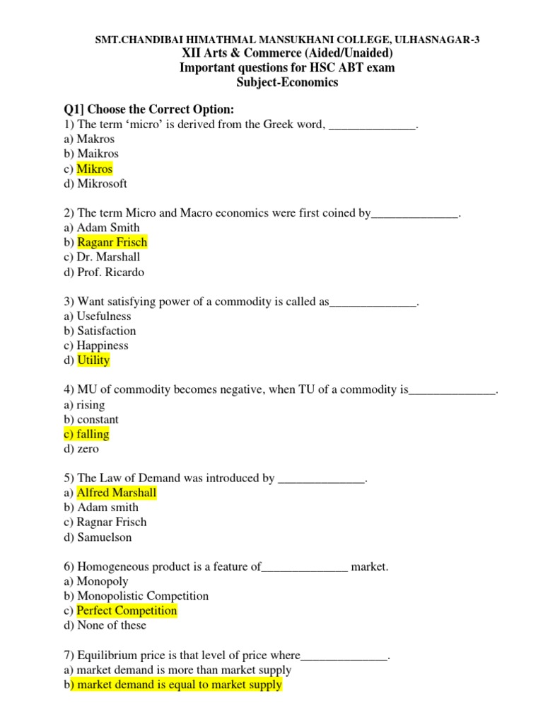 Class 12 Economics ABT Exam Questions | PDF | Demand | Consumption ...