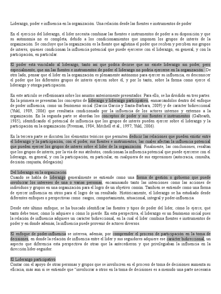 Resumen Liderazgo, Poder e Influencia en La Organización. Una Relación ...