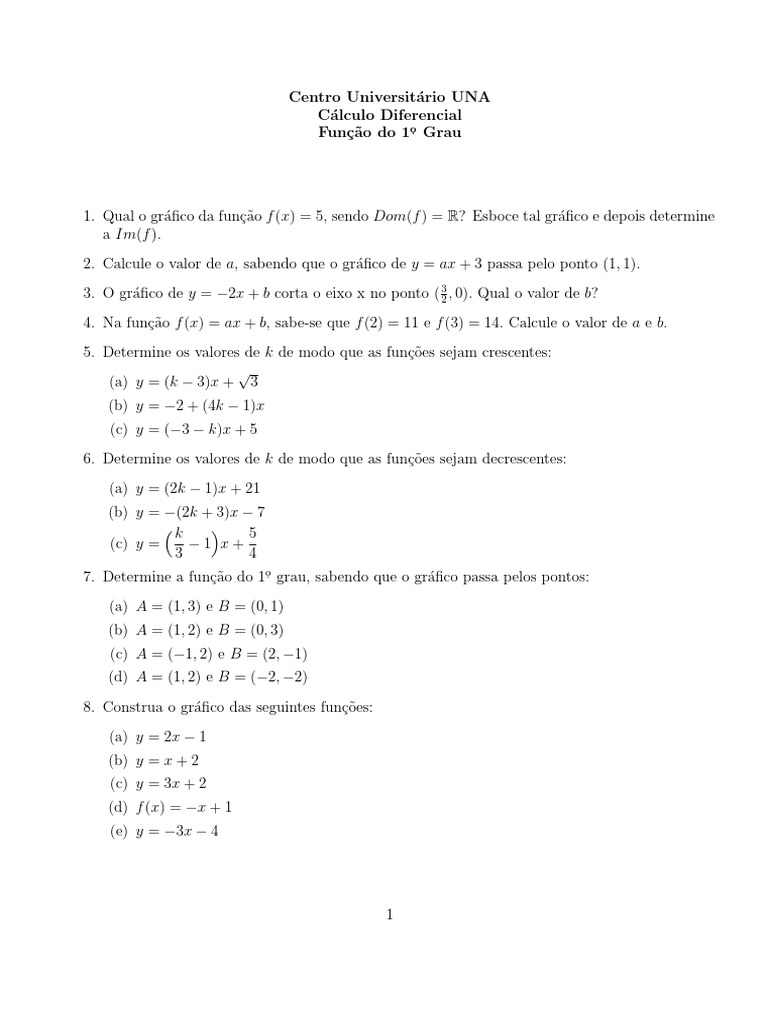 Funções do 1º Grau: Exercícios Resolvidos | PDF | Função (Matemática ...