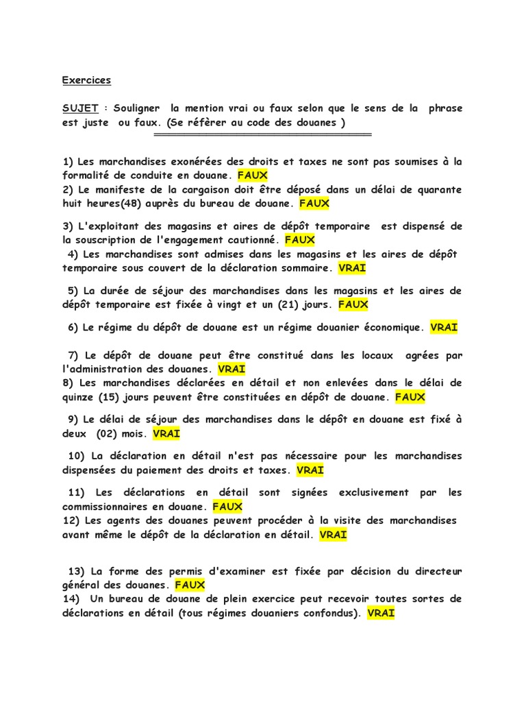 Exercices sur le Code des Douanes | PDF