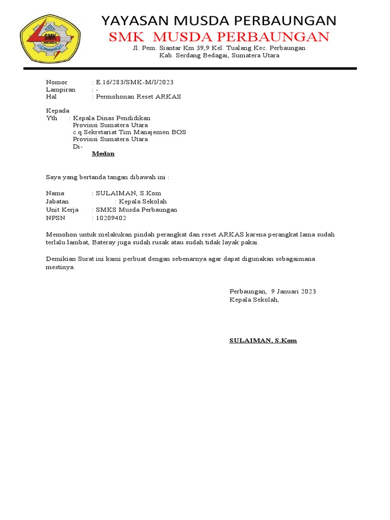 Permohonan Reset ARKAS SMK Musda Perbaungan | PDF