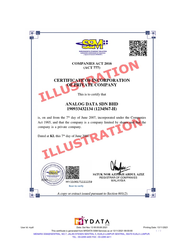 Sample Certificate of Incorporation Registration en CTC PDF