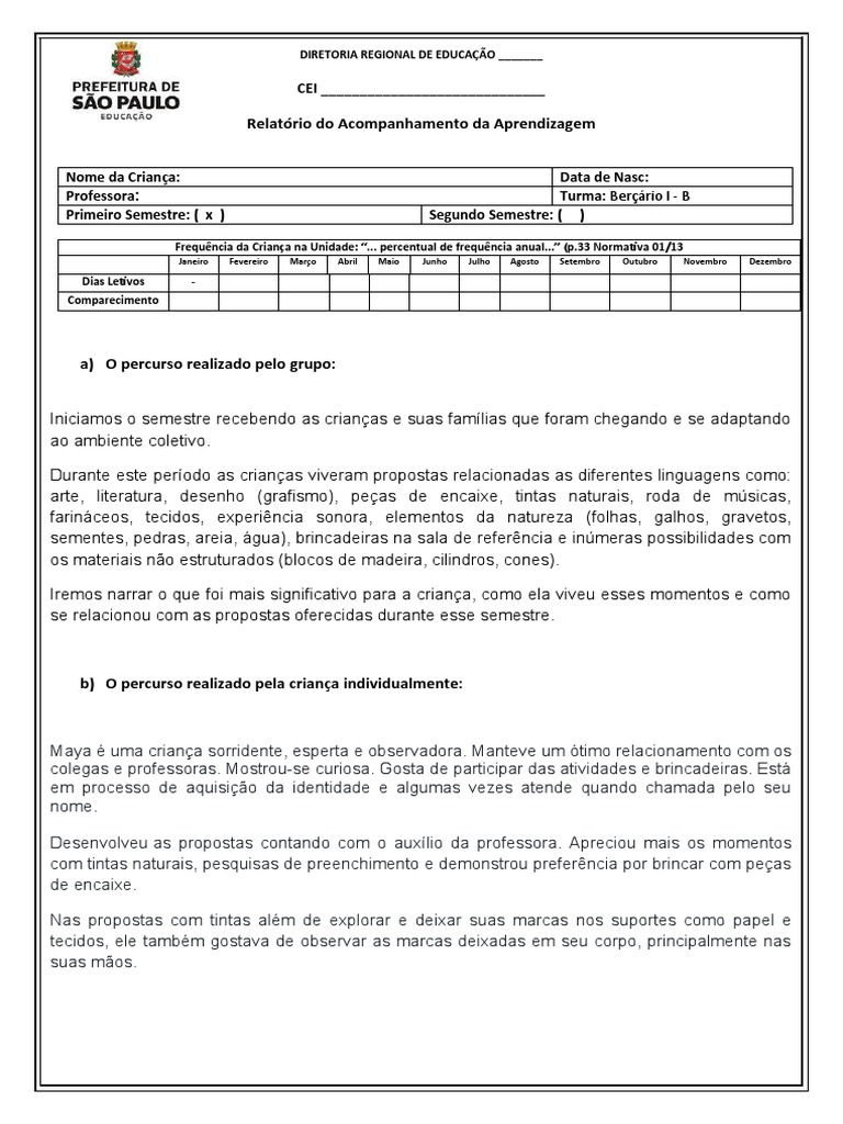 Modelo Relatório Individual Berçario 1 | PDF | Pedagogia