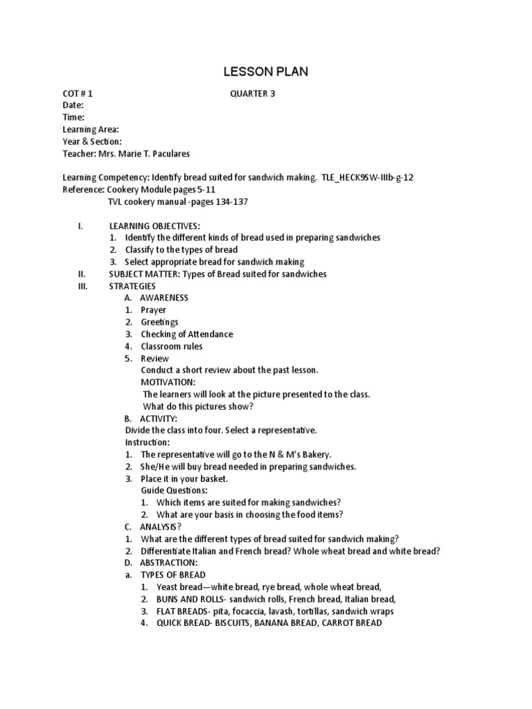 cot-1-lesson-plan-in-tle-9-cookery-22-23-pdf-breads-sandwich