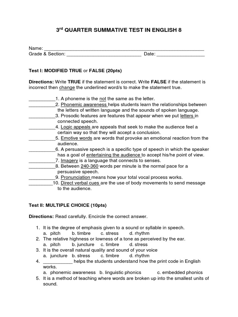 3rd Quarter Summative Test in English 8 PDF Stress (Linguistics