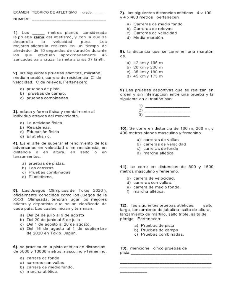 Examen Teórico de Atletismo | PDF | Deporte del atletismo | Juegos ...
