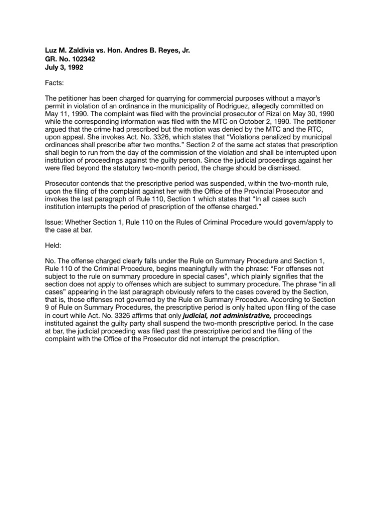 Zaldivia vs. Reyes PDF Statute Of Limitations Criminal Procedure