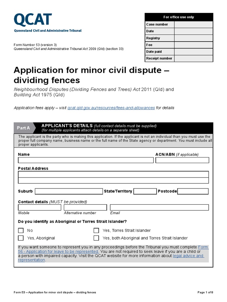 Form 53 App MCD Dividing Fences Dispute PDF Affidavit Justice