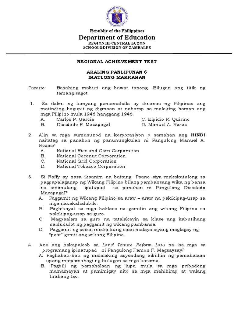 RAT A.P. 3rd Quarter Gr. 6 Zambales Marcellana | PDF