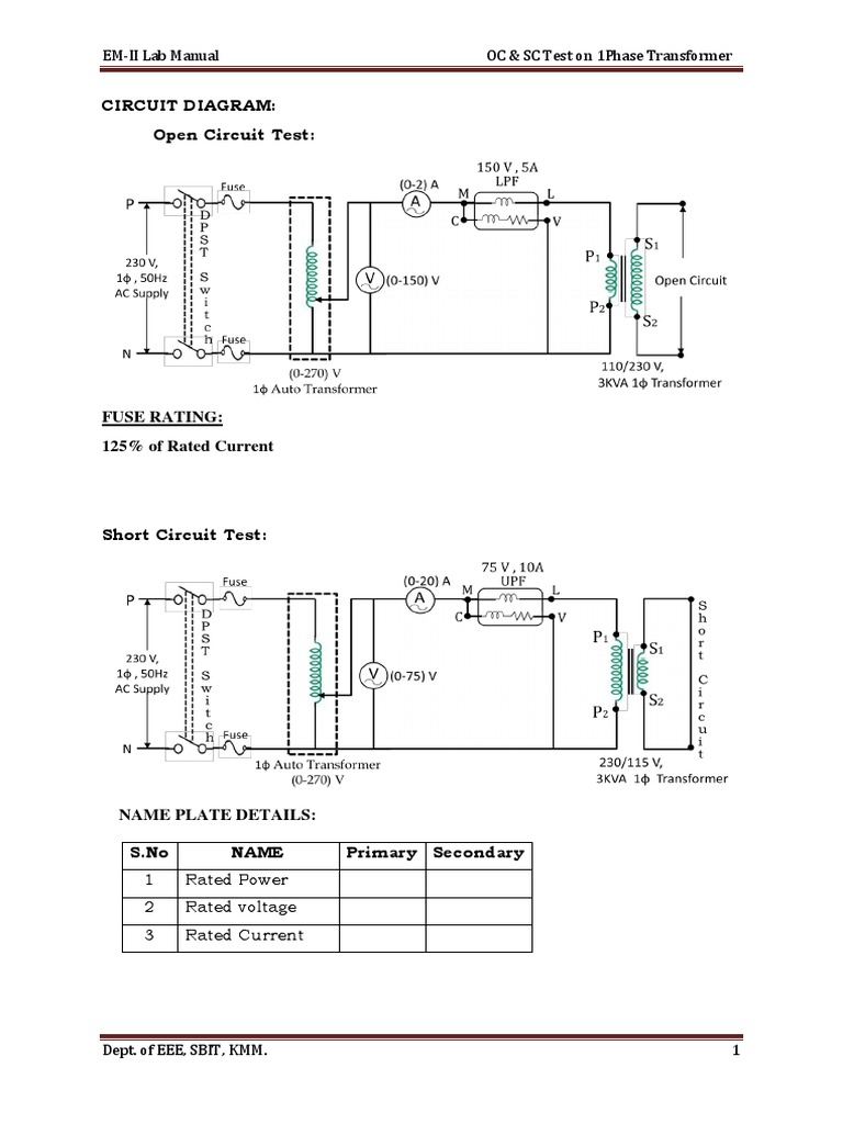 OC & SC Test On 1Phase Transformer PDF Physical 