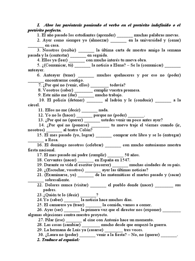 Ejercicios de Verbos en Pretérito Indefinido y Perfecto | PDF | Arte