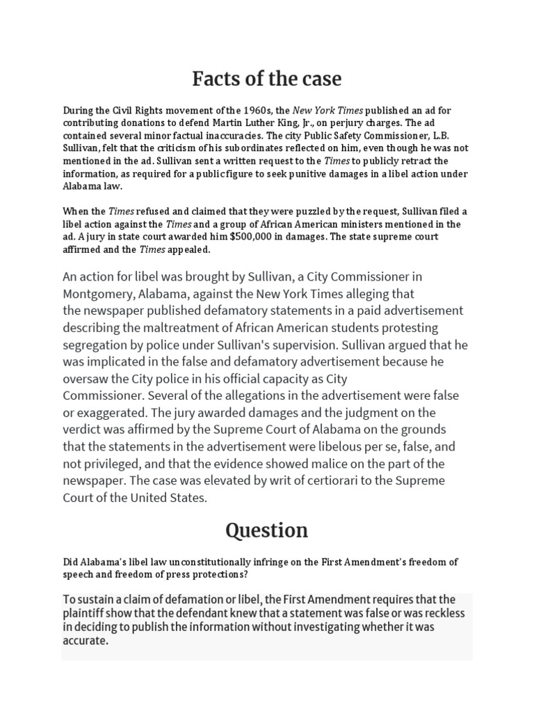 New York Times Co. v. Sullivan, 376 U.S. 254 (1964) PDF Defamation